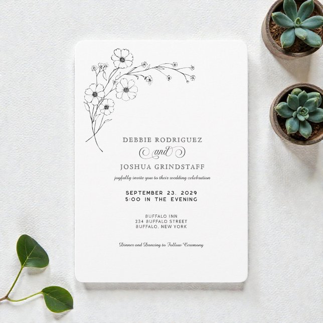 Simplistic Black White Floral Wedding Invitation  Einladung (Von Creator hochgeladen)