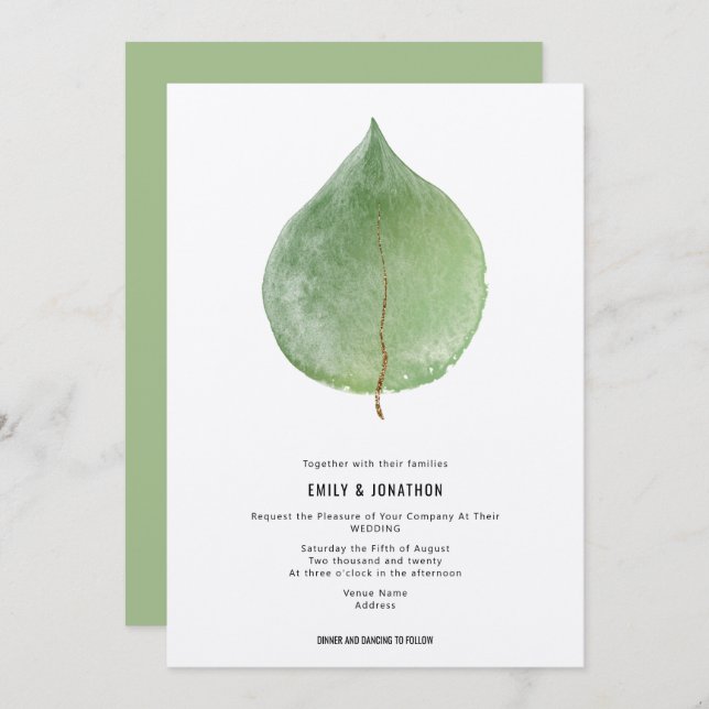 Simplistic Green Eucalyptus Leaf Wedding Einladung (Vorne/Hinten)