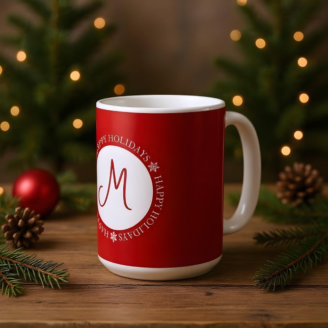 Simplistische Schneeflocken Happy Holidays Red Mon Kaffeetasse (Von Creator hochgeladen)