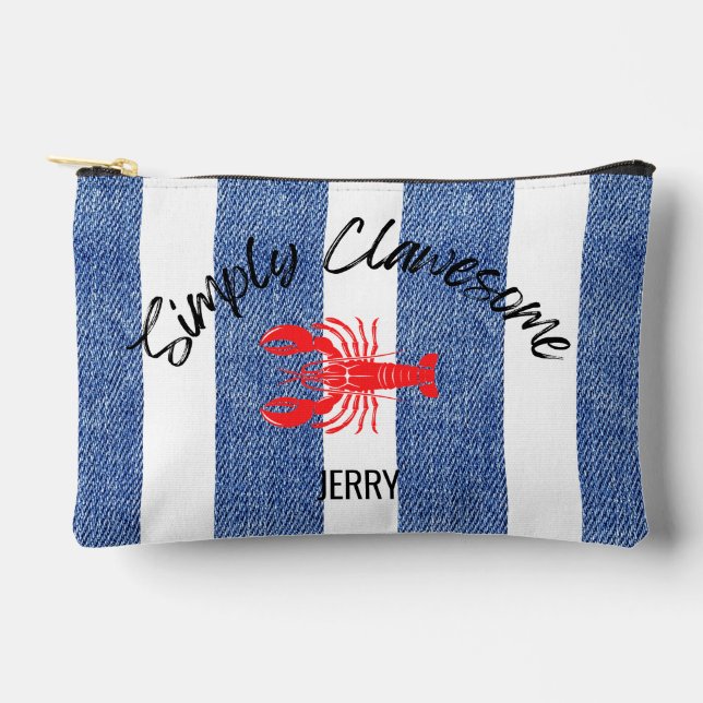 "Simply Clawesome" Lobster auf Denim Stripe Patter Zubehörtasche (Vorderseite)