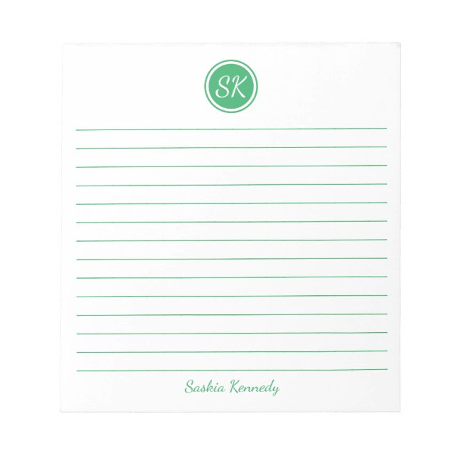 Simply Elegant Green Lined Monogram Personalized Notizblock (Vorderseite)