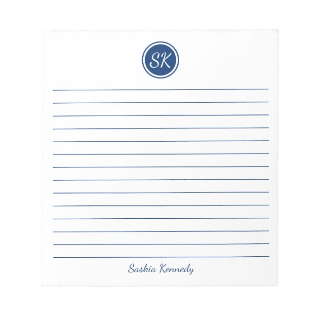 Simply Elegant Navy Lined Monogram Personalized Notizblock (Vorderseite)