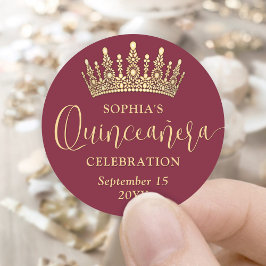 Simply Elegant Quinceañera Crown Burgundy and Gold Runder Aufkleber