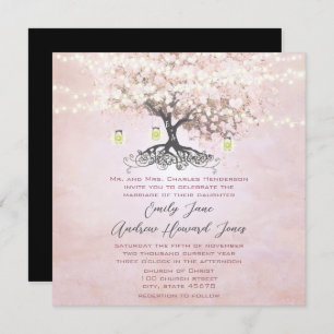 Simply Pink Heart Leaf Tree Forest Grove Wedding Einladung