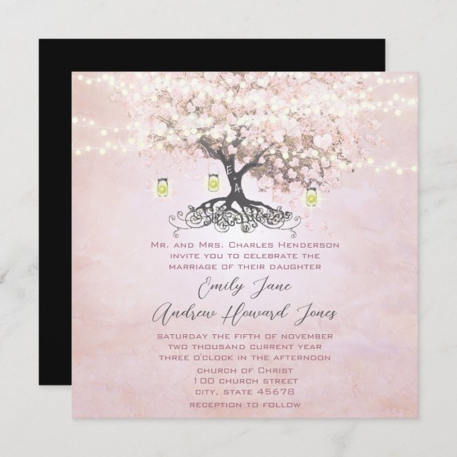 Simply Pink Heart Leaf Tree Forest Grove Wedding Einladung (Vorne/Hinten)