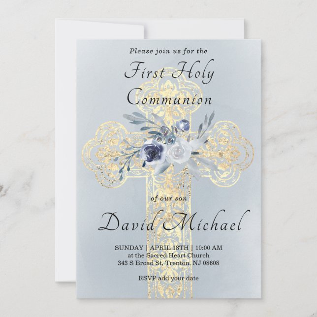 simulated gold foil Holy Cross First Communion Einladung (Vorderseite)