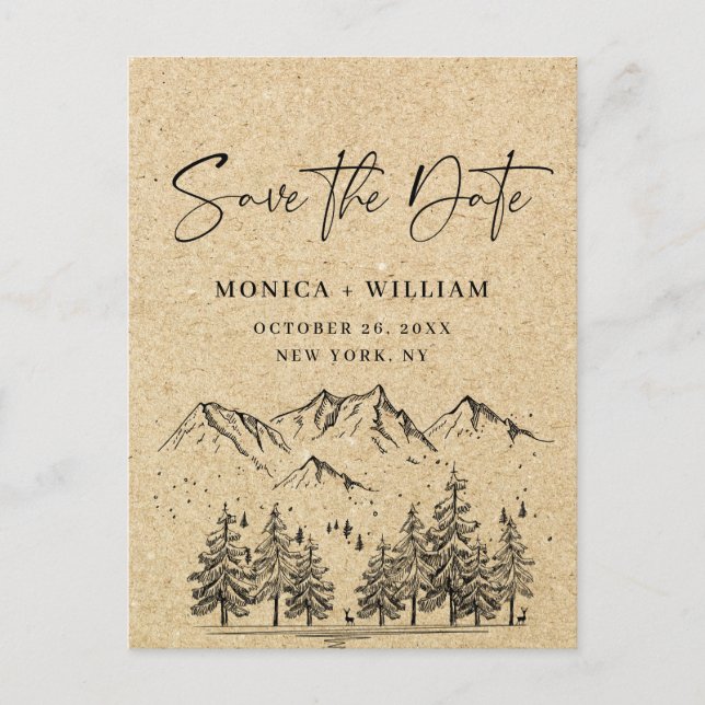 Simulated Kraft Paper Mountain Save the Date Postkarte (Vorderseite)