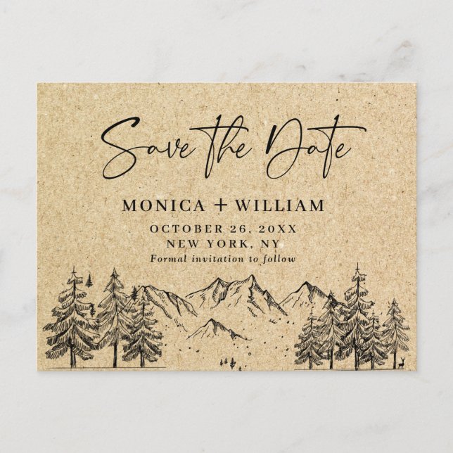 Simulated Kraft Paper Mountain Save the Date Postkarte (Vorderseite)