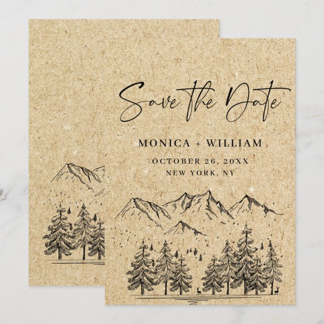 Simulierte Kraft Papier Hand Drawn Mountain Hochze Save The Date (Vorne/Hinten)