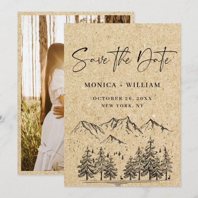 Simulierte Kraft Papier Hand Drawn Mountain Hochze Save The Date (Vorne/Hinten)