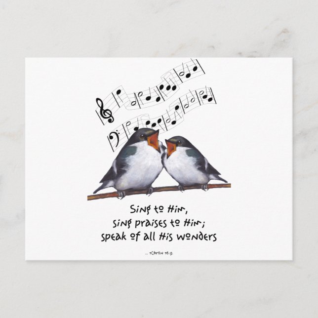 Sing Lob an Gott: Zwei Vögel, Musiknote, Kunst Postkarte (Vorderseite)