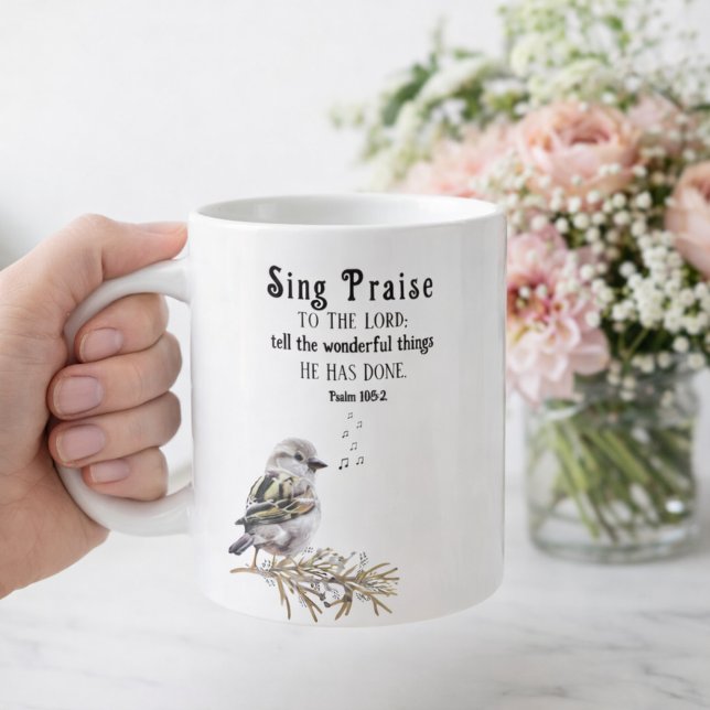 Sing Lob dem Herrn Psalm 105:2 Vogel Schrift Kaffeetasse (Bird Singing Psalm 105:2 with Music Notes Coffee Mug)