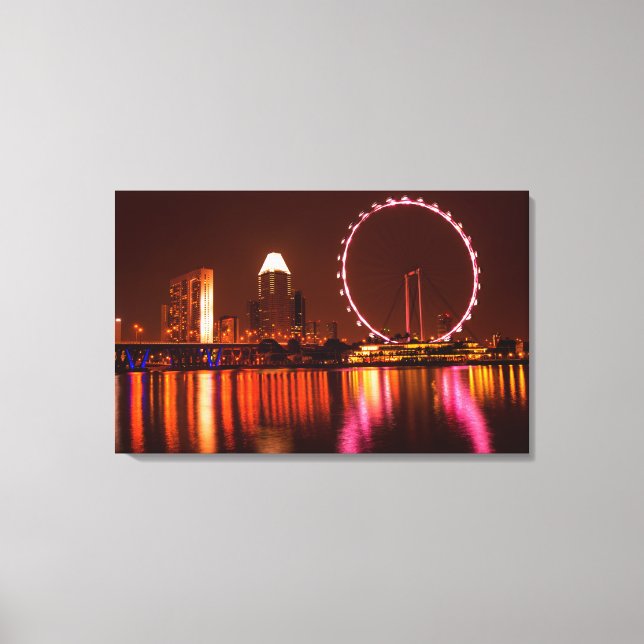 Singapore Flyer Wheel bei Nacht mit Skyline-Leinwa Leinwanddruck (Vorderseite)