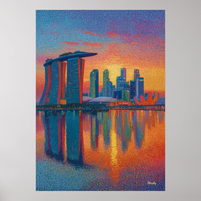Singapore Marina Bay Sands Pointillismus Skyline Poster (Vorne)