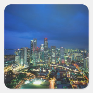 Singapore Skyline bei Nacht, Singapur Quadratischer Aufkleber