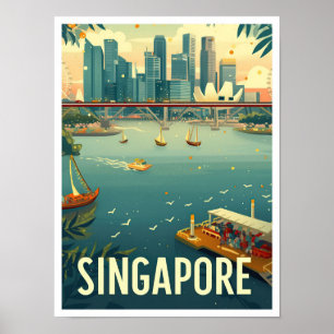 Singapur Art Vintage Travel Illustration Poster