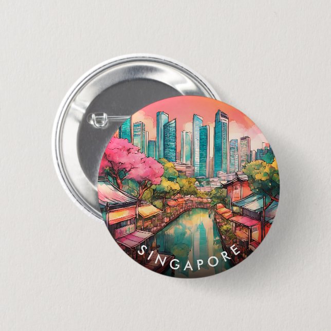 Singapur City View farbenfroh Button (Vorne & Hinten)
