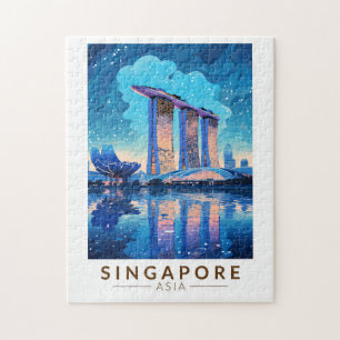 Singapur Marina Bay Nacht Reise Kunst Vintage Puzzle