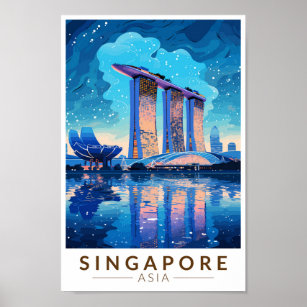 Singapur Marina Bay Night Travel Art Vintag Poster