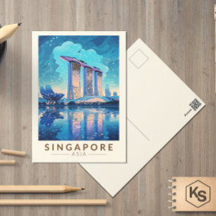 Singapur Marina Bay Night Travel Art Vintag Postkarte