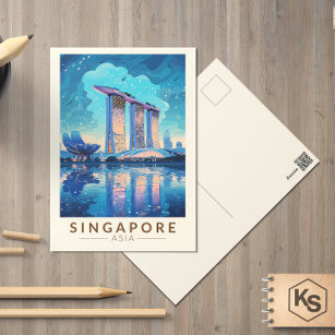 Singapur Marina Bay Night Travel Art Vintag Postkarte