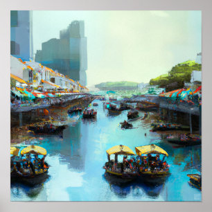 Singapur River With Bum Boats - Leinwand Art Print Poster