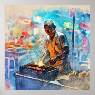 Singapur Satay Seller - Large Archival Print Poster
