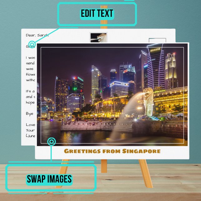 Singapur Skyline bei Night Featuring the Merlion Postkarte (Please enjoy our postcard and see the others in the collection.)