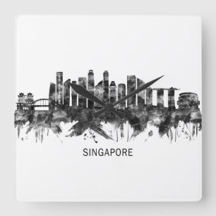 Singapur Skyline BW Quadratische Wanduhr