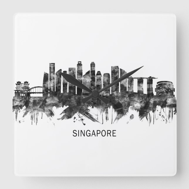 Singapur Skyline BW Quadratische Wanduhr (Vorderseite)