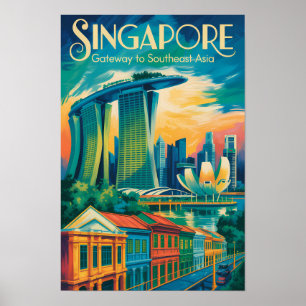 Singapur Skyline Illustration Reise Kunst Vintage Poster
