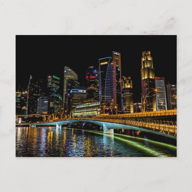 Singapur Skyline, Nachtlicht Postkarte (Vorderseite)