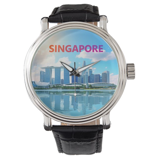 Singapur Stadt Retro-Skyline Armbanduhr (Vorderseite)