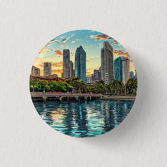 Singapur Stadt Skyline Moderne Reise Souvenir Button (Vorderseite)