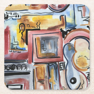 Singen in der Küche - Abstrakte Aquarell-Kunst Rechteckiger Pappuntersetzer