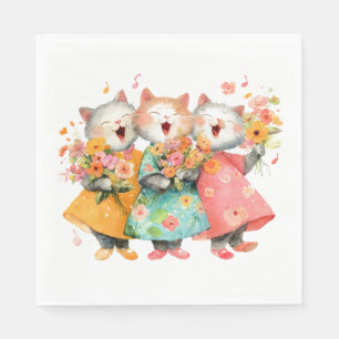 Singende Katzen mit Blumensträußen Serviette
