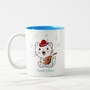 Singender Barde Kitty Katze mit Mandoline Zweifarbige Tasse