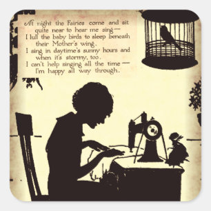 Singennähende Dame Vintage Fairy Poem Quadratischer Aufkleber