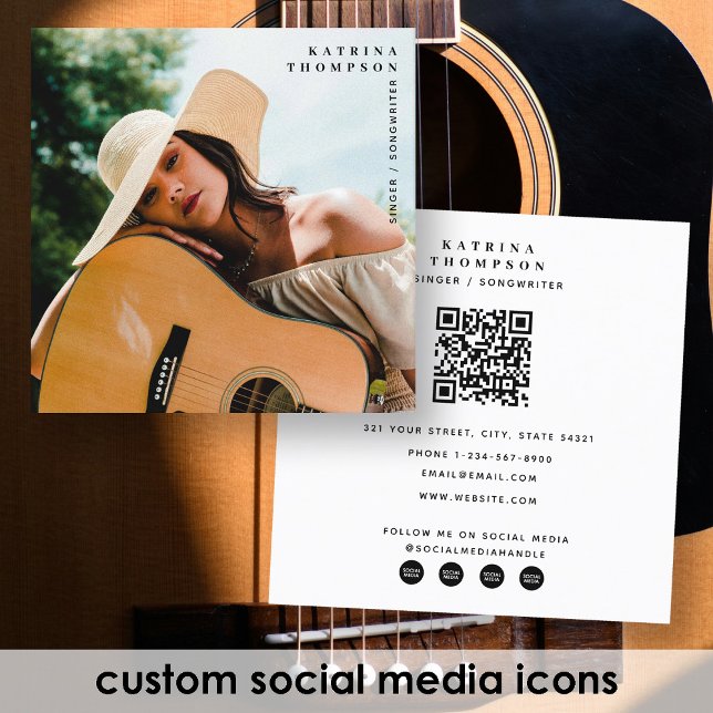 Singer Musician Foto Gitarrist QR-Code Quadratische Visitenkarte (Singer Musician Photo Guitarist QR Code Square Business Card)