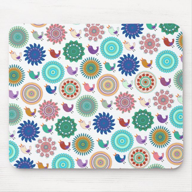 Singing Bird and Mandala Cute Folk Art Pattern Mousepad (Vorne)