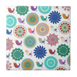 Singing Bird und Mandala Folk Art Pattern Fliese
