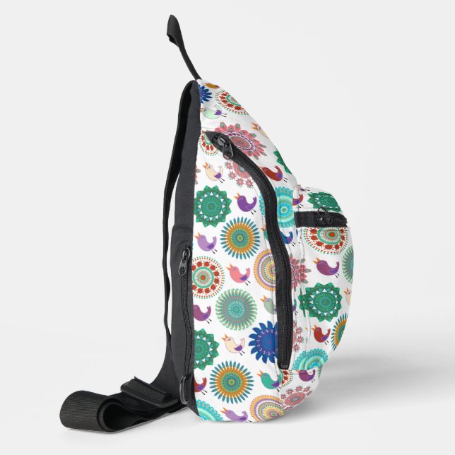 Singing Bird und Mandala Niedliches Folk Art Muste Crossbody Bag (Linke Seite)