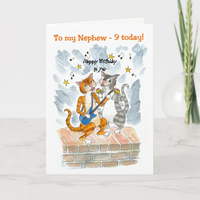 Singing Cats 9th Fun Birthday Card for a Nephew Karte (Vorderseite)