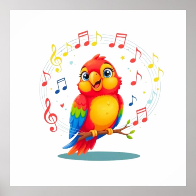 **Singing Parrot – Cute Parrot Singing Illustratio Poster (Vorne)