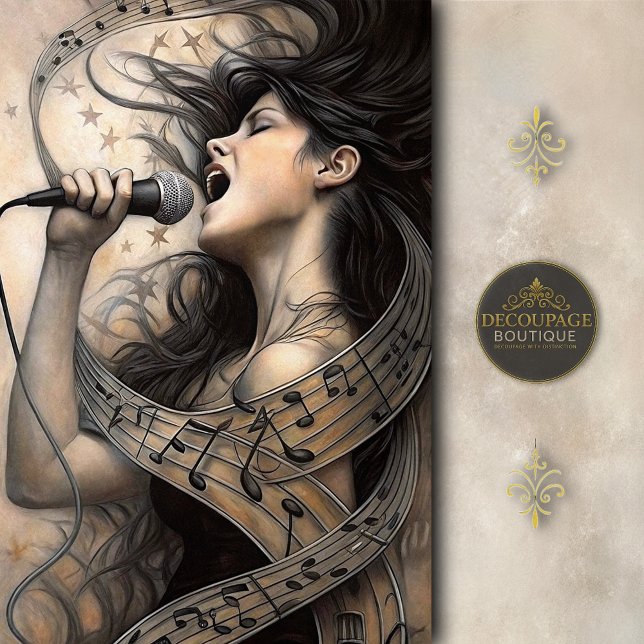 Singing Woman Wrapped in Musical Notes Decoupage Seidenpapier (Singing Woman Wrapped in Musical Notes Decoupage Tissue Paper)