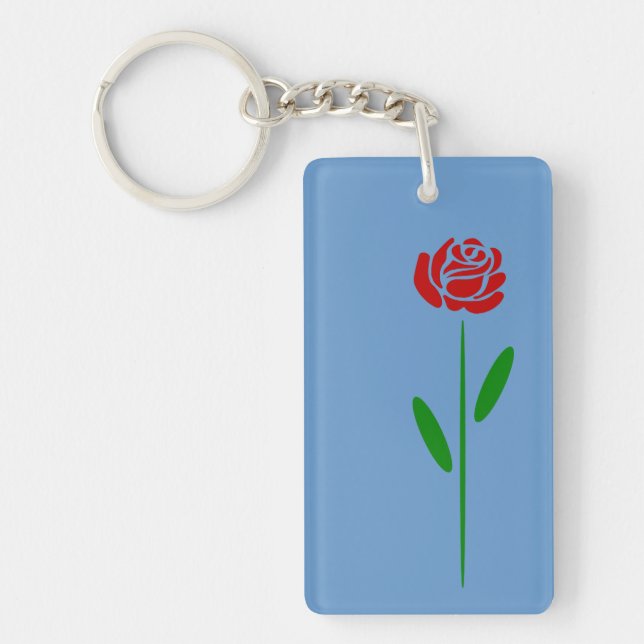Single Art Deco Rote Rose Grüne Blätter und Stem Schlüsselanhänger (Vorderseite)
