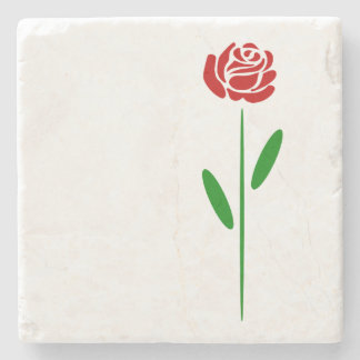 Single Art Deco Rote Rose Grüne Blätter und Stem Steinuntersetzer