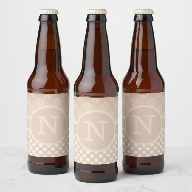 Single Custom Monogram Polka Dot und Rose Bierflaschenetikett (Flaschen)