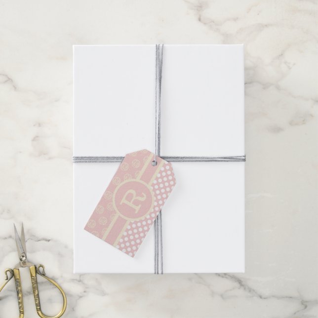 Single Custom Monogram Polka Dot und Rose Geschenkanhänger (Mit Garn)