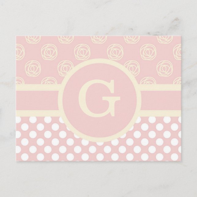 Single Custom Monogram Polka Dot und Rose Postkarte (Vorderseite)